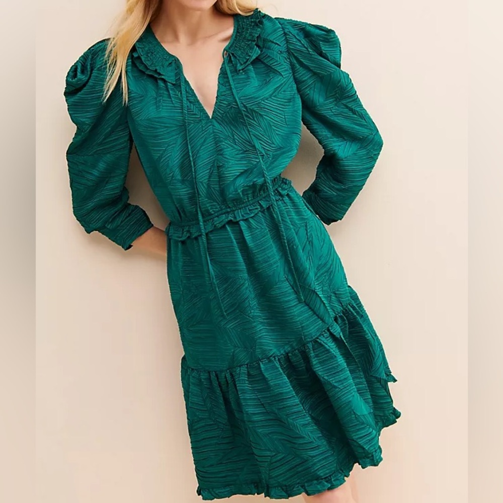 Anthropologie Split Neck Ruffle Hem Emerald Green Dress Size S
